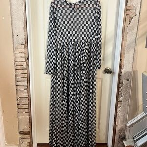Checkerboard Long Sleeve Mesh Dress